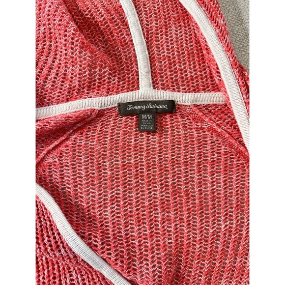 Tommy Bahama Womens Open Weave Hoodie Pink Sweater White Trim Size M Linen Blend - Picture 4 of 5